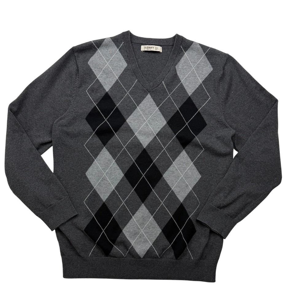 Old Navy Men's Argyle V-Neck Sweater Gray Black Size M Cotton